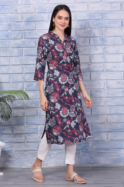 W for Woman Blue Floral Printed Rayon Straight Casual Kurta