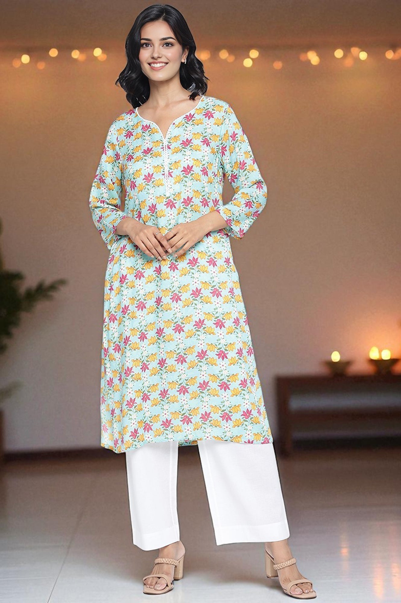 W for Woman Aqua Green Printed Modal Straight Kurta