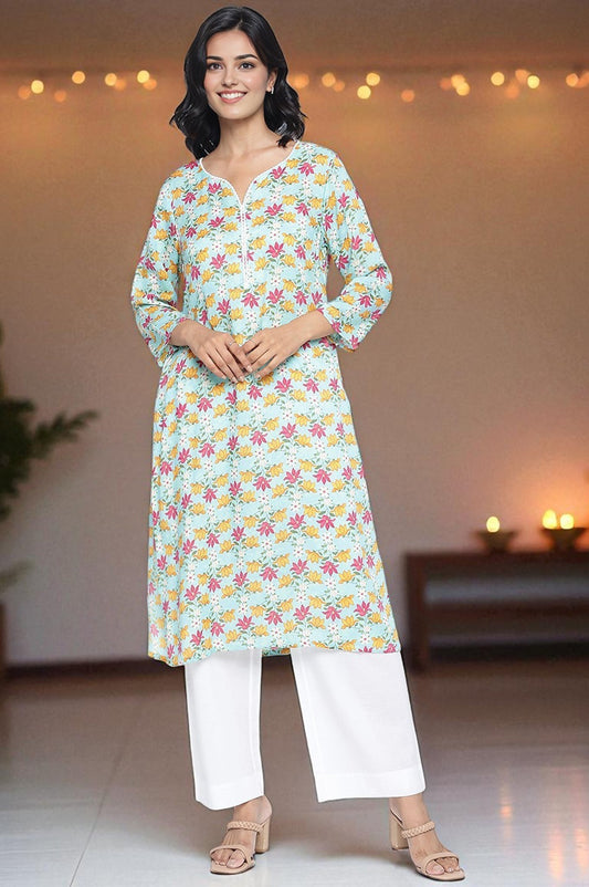 W for Woman Aqua Green Printed Modal Straight Kurta