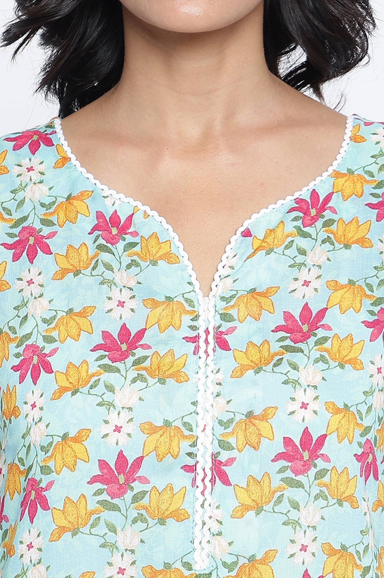 W for Woman Aqua Green Printed Modal Straight Kurta