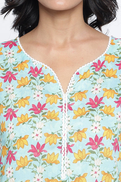 W for Woman Aqua Green Printed Modal Straight Kurta