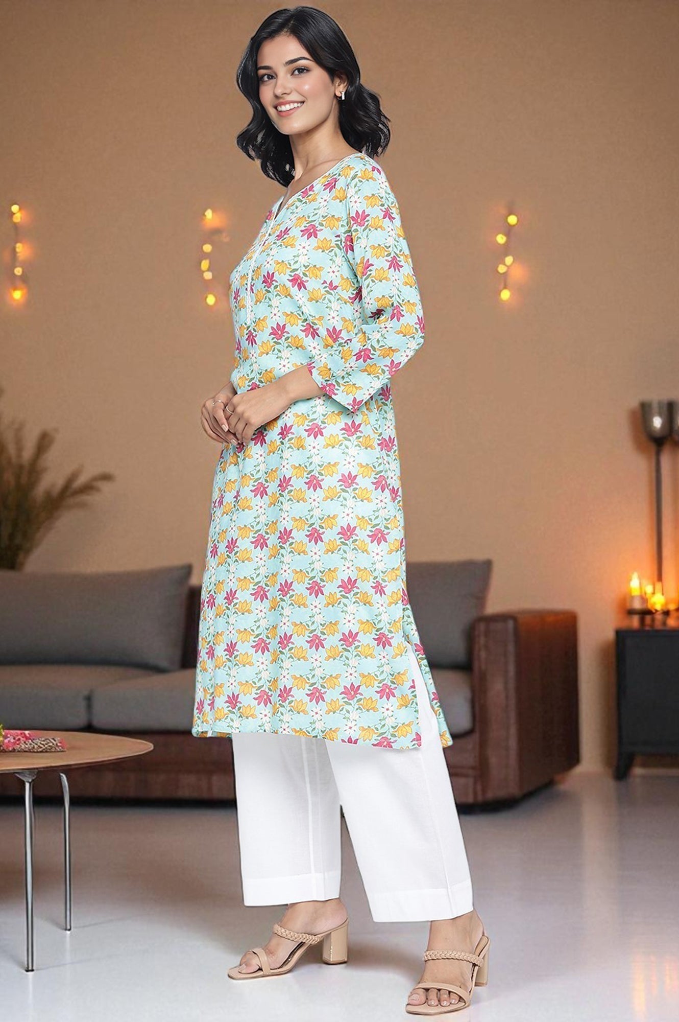 W for Woman Aqua Green Printed Modal Straight Kurta