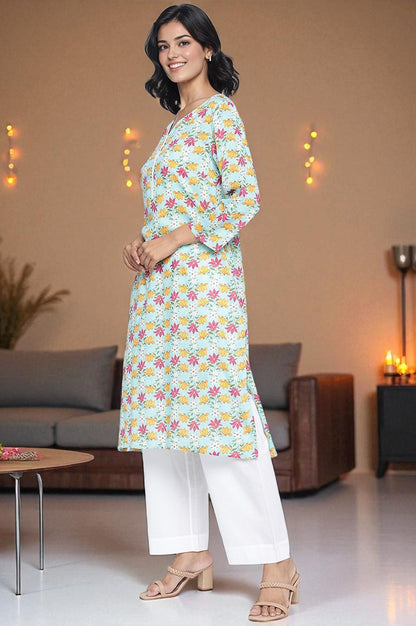 W for Woman Aqua Green Printed Modal Straight Kurta
