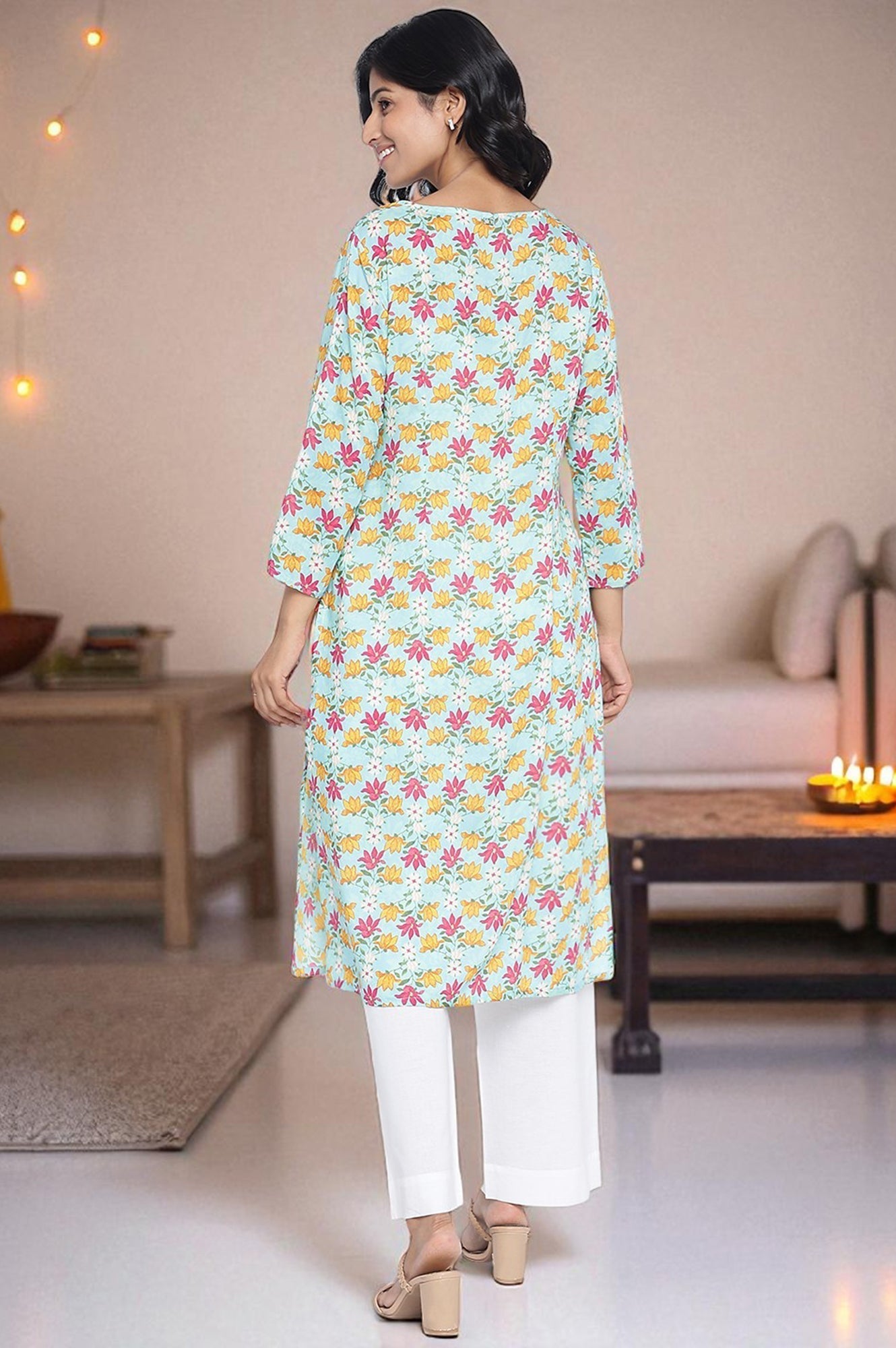 W for Woman Aqua Green Printed Modal Straight Kurta