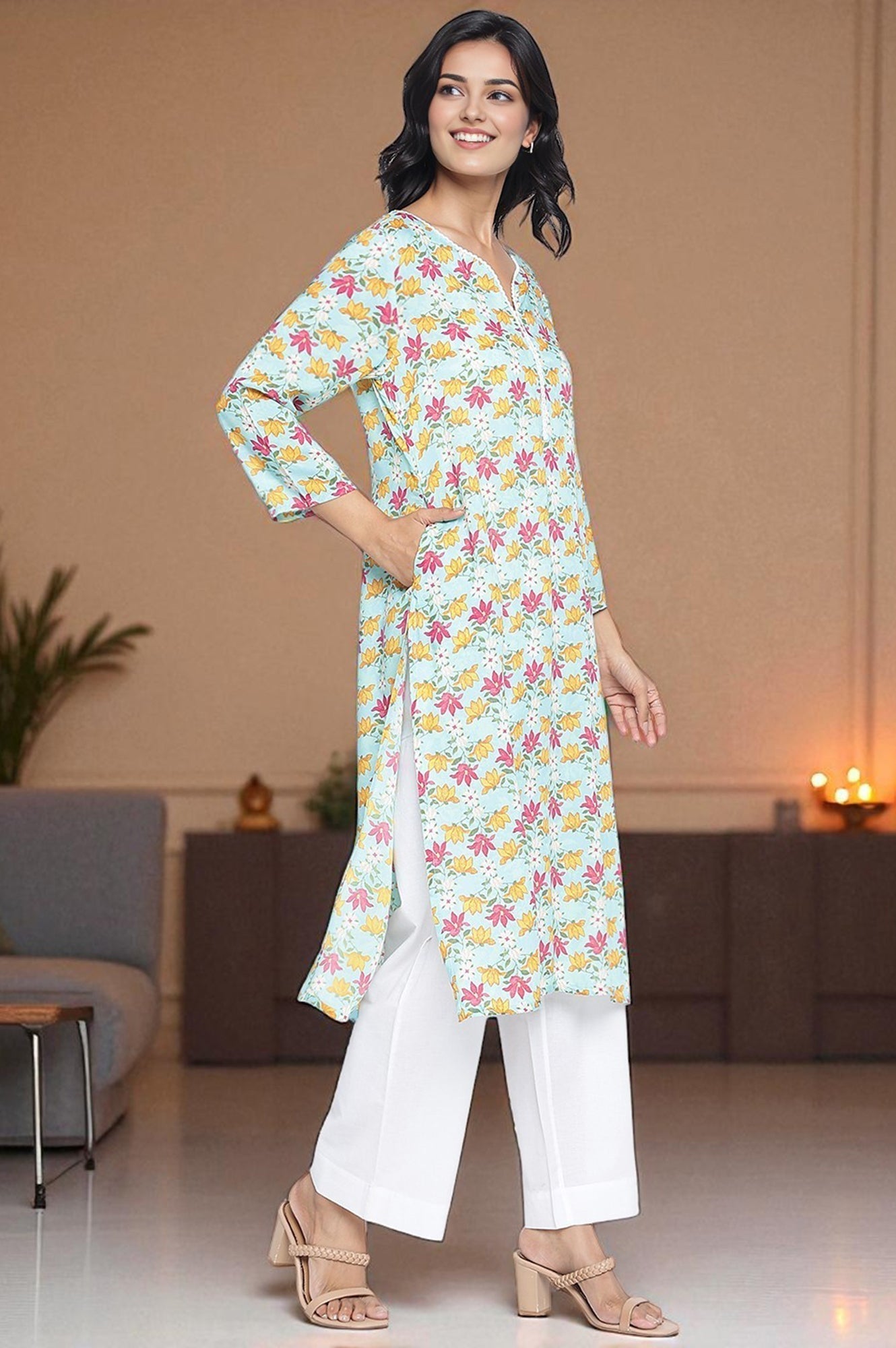 W for Woman Aqua Green Printed Modal Straight Kurta