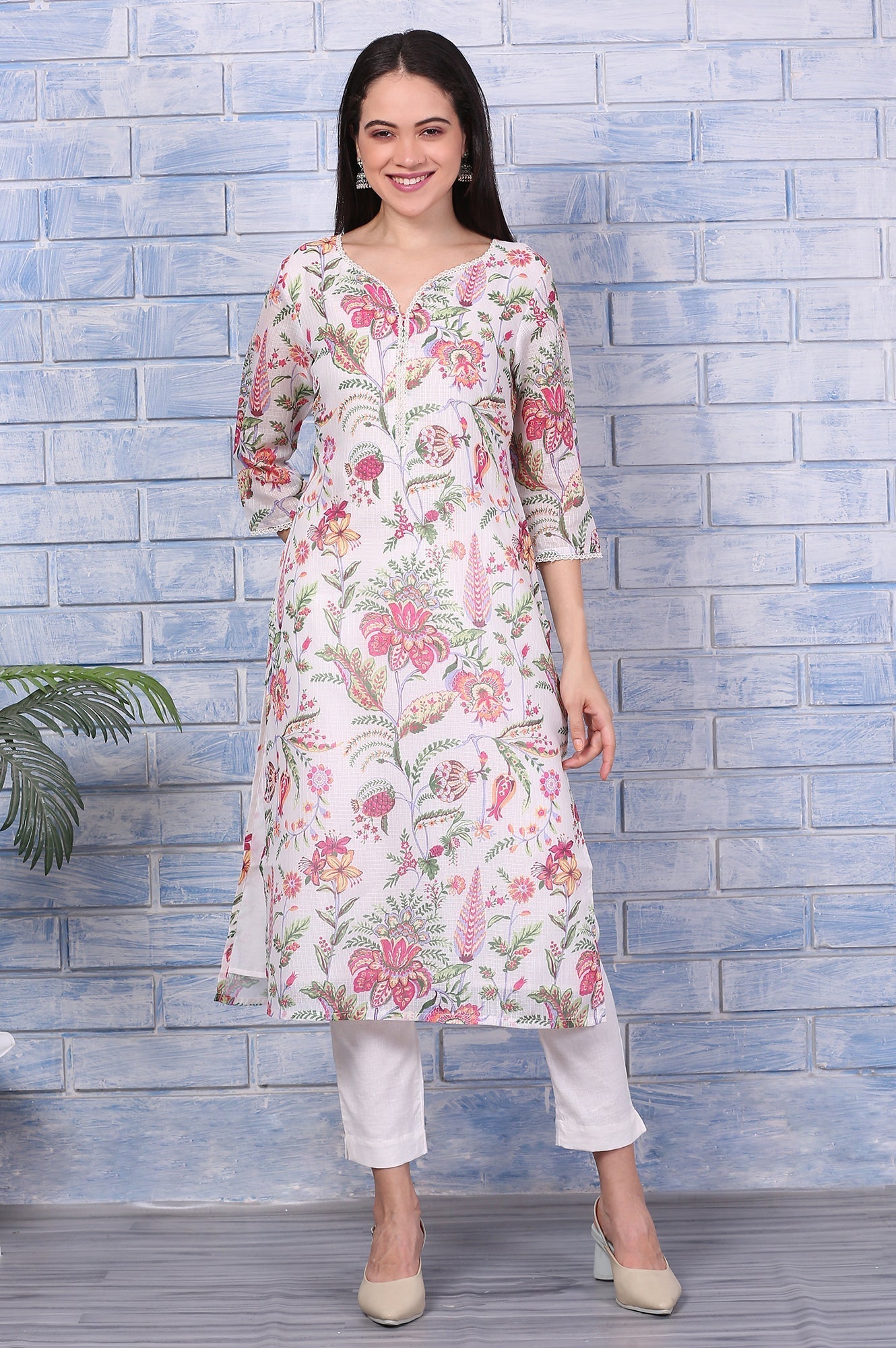W for Woman Off-White Floral Printed Kota Straight Kurta with Lace