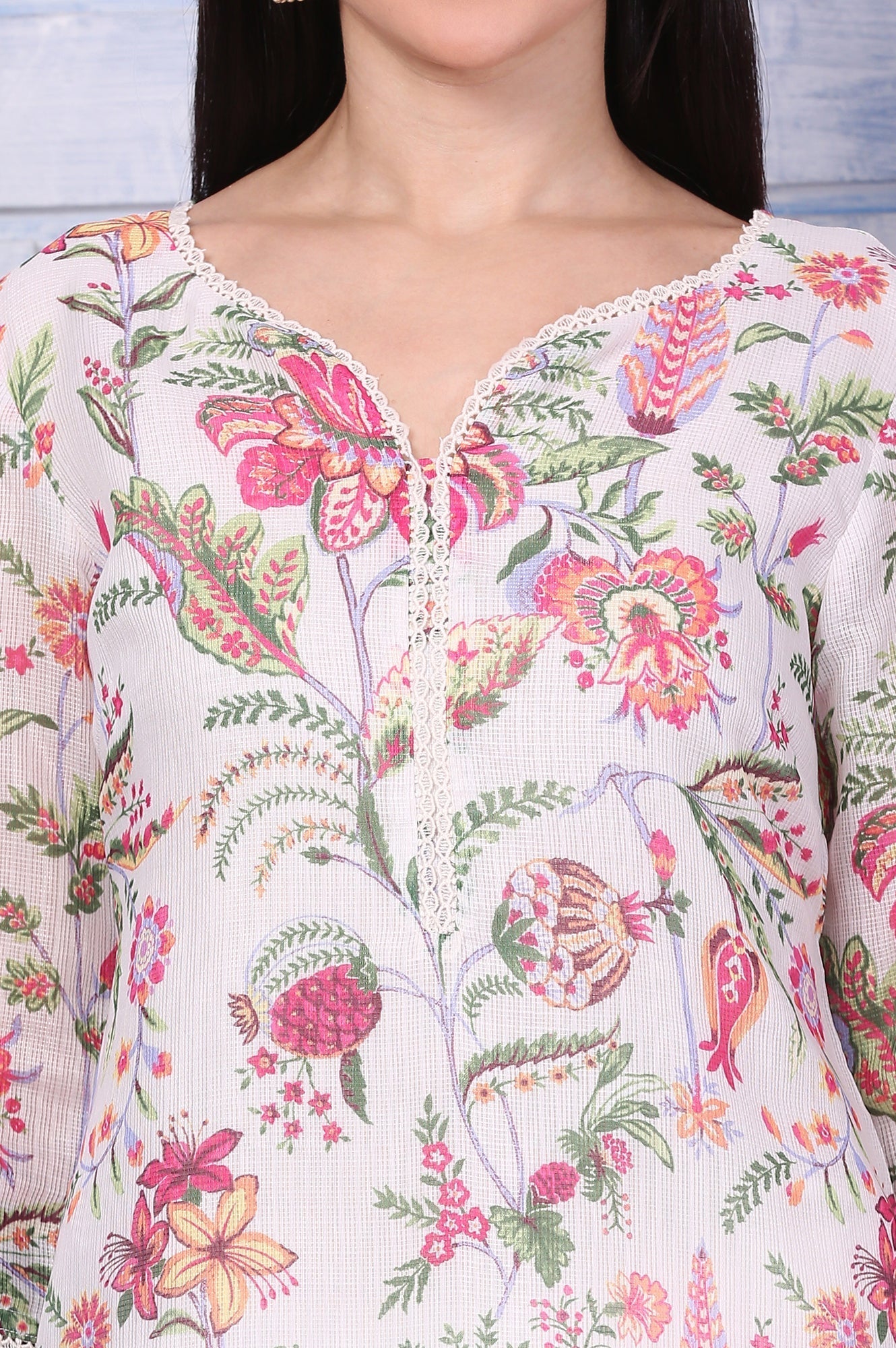W for Woman Off-White Floral Printed Kota Straight Kurta with Lace