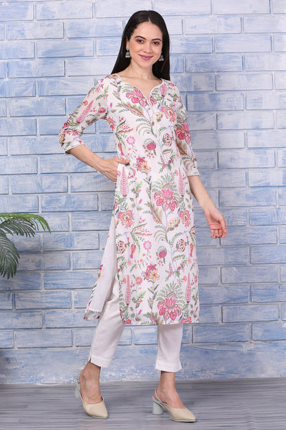 W for Woman Off-White Floral Printed Kota Straight Kurta with Lace