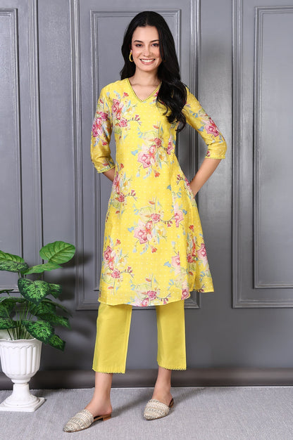 W for Woman Yellow Floral Printed Lace Chanderi Flared Kurta