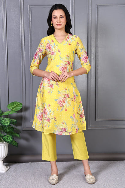 W for Woman Yellow Floral Printed Lace Chanderi Flared Kurta