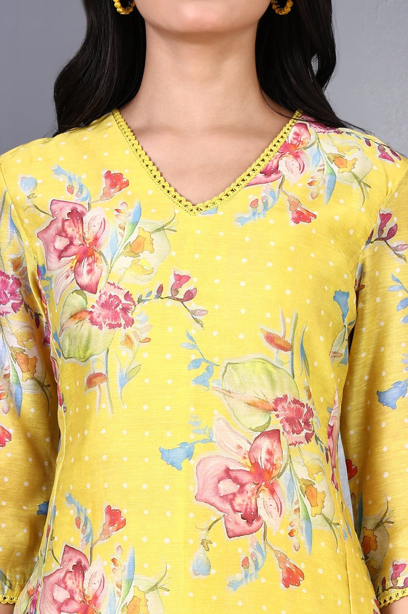 W for Woman Yellow Floral Printed Lace Chanderi Flared Kurta