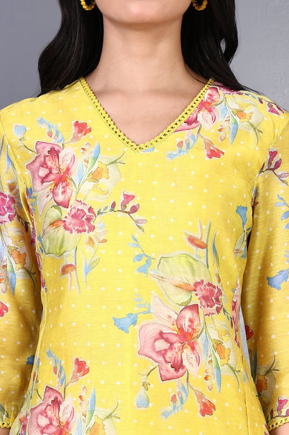 W for Woman Yellow Floral Printed Lace Chanderi Flared Kurta