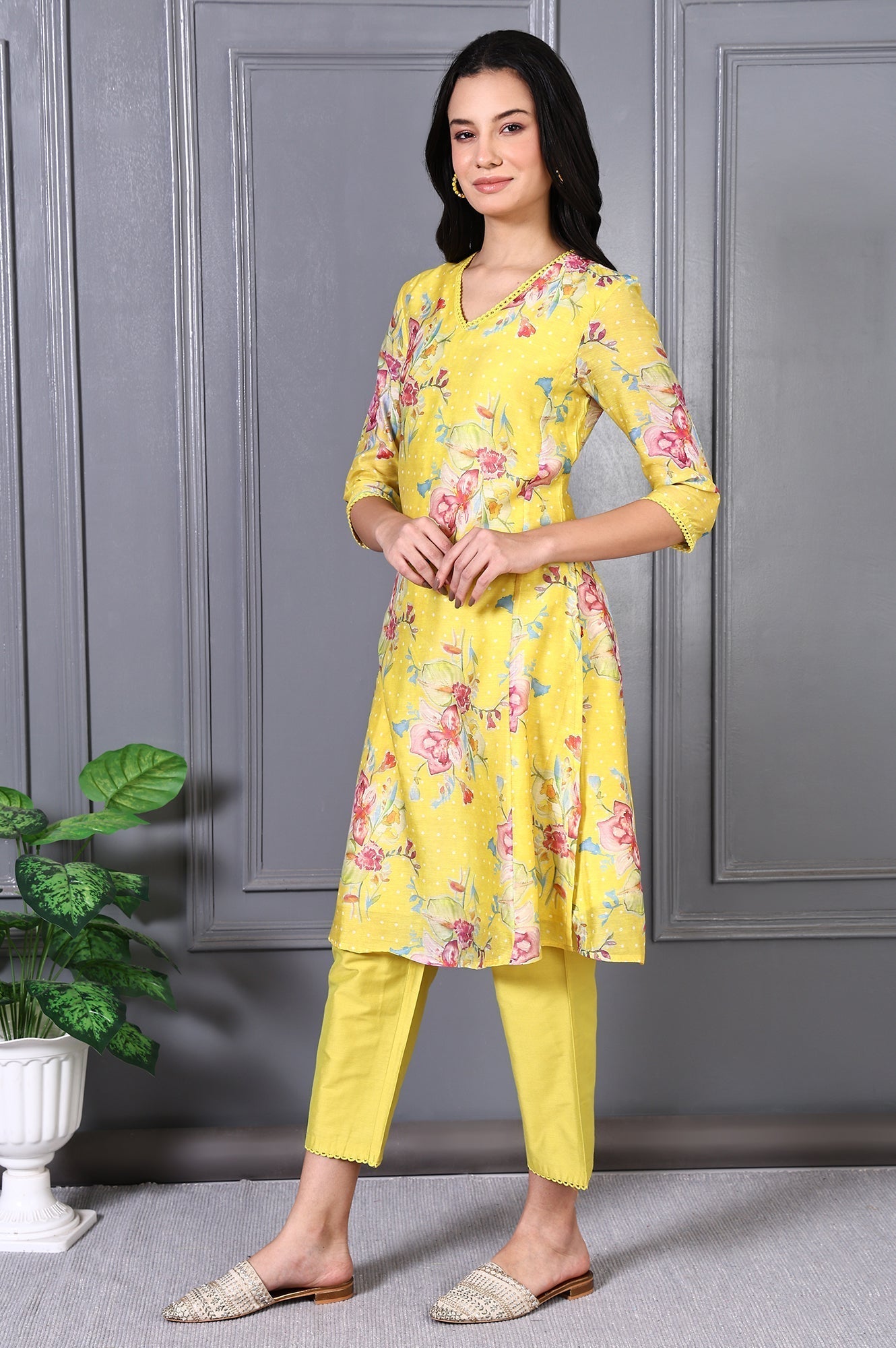 W for Woman Yellow Floral Printed Lace Chanderi Flared Kurta