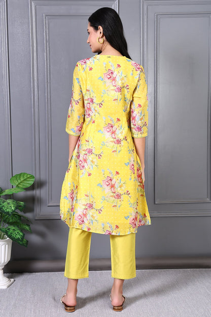 W for Woman Yellow Floral Printed Lace Chanderi Flared Kurta