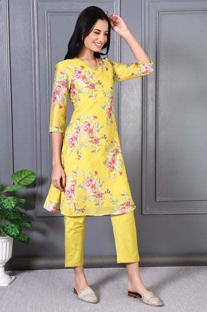 W for Woman Yellow Floral Printed Lace Chanderi Flared Kurta