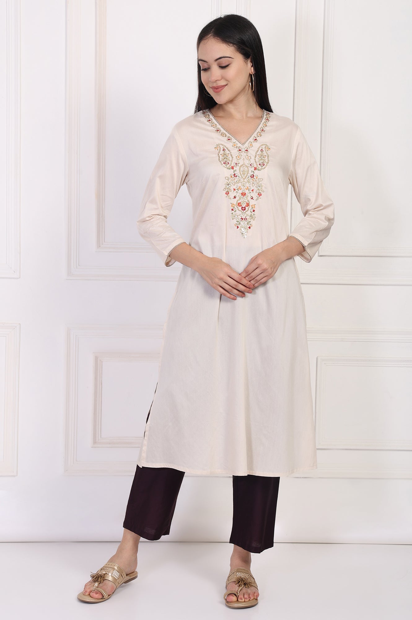 W for Woman Cream Embroidered A-Line Rayon Kurta
