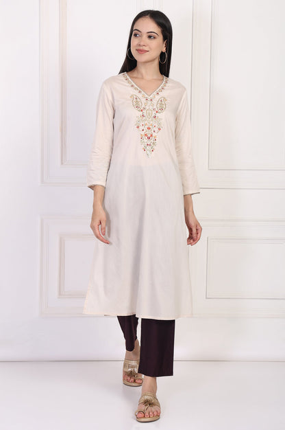 W for Woman Cream Embroidered A-Line Rayon Kurta