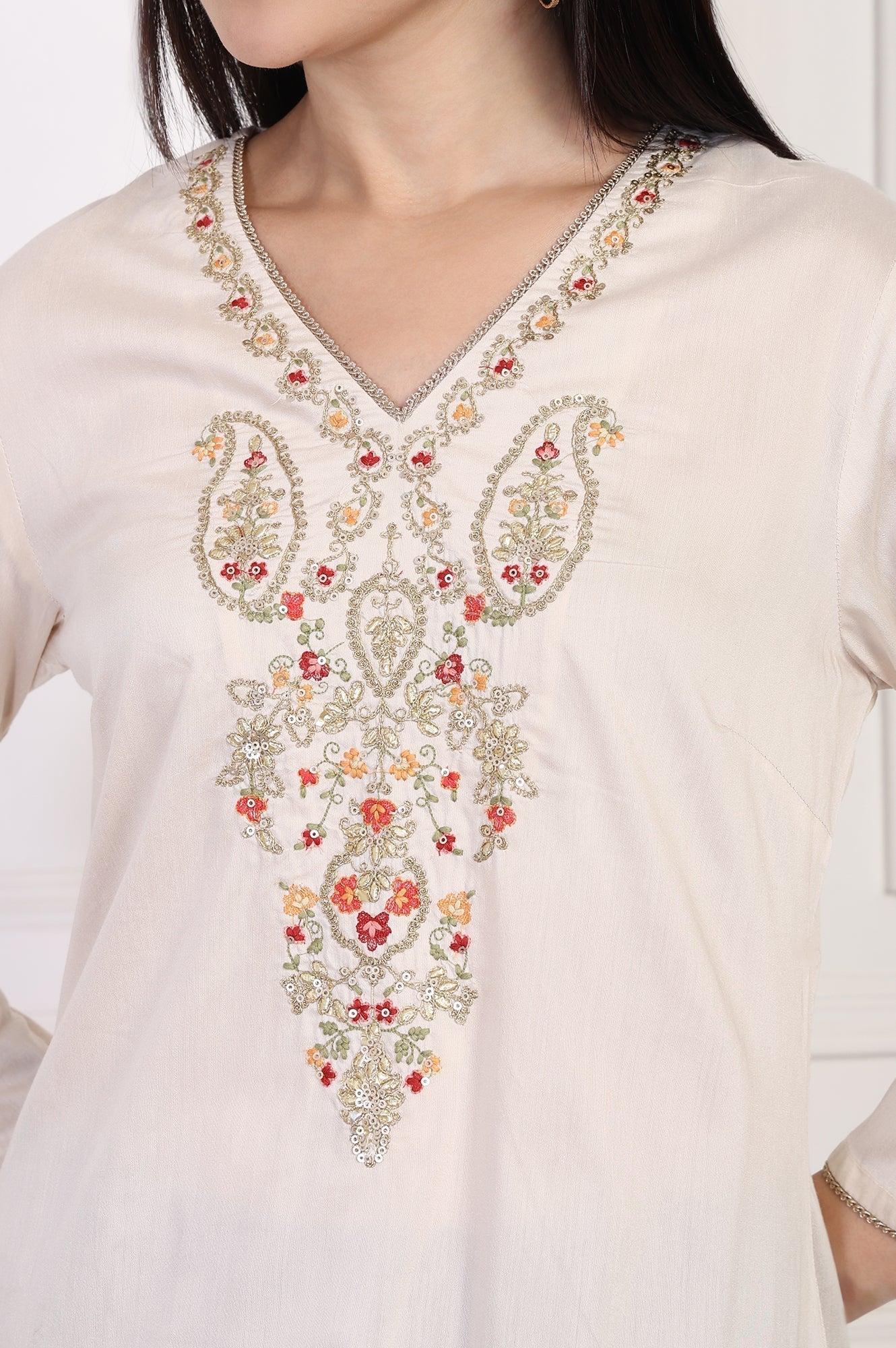 W for Woman Cream Embroidered A-Line Rayon Kurta