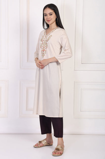 W for Woman Cream Embroidered A-Line Rayon Kurta