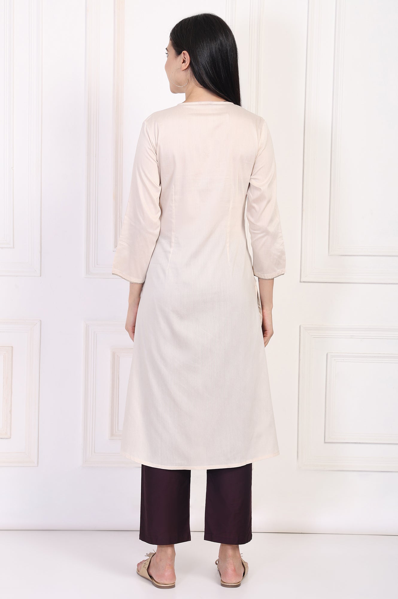 W for Woman Cream Embroidered A-Line Rayon Kurta