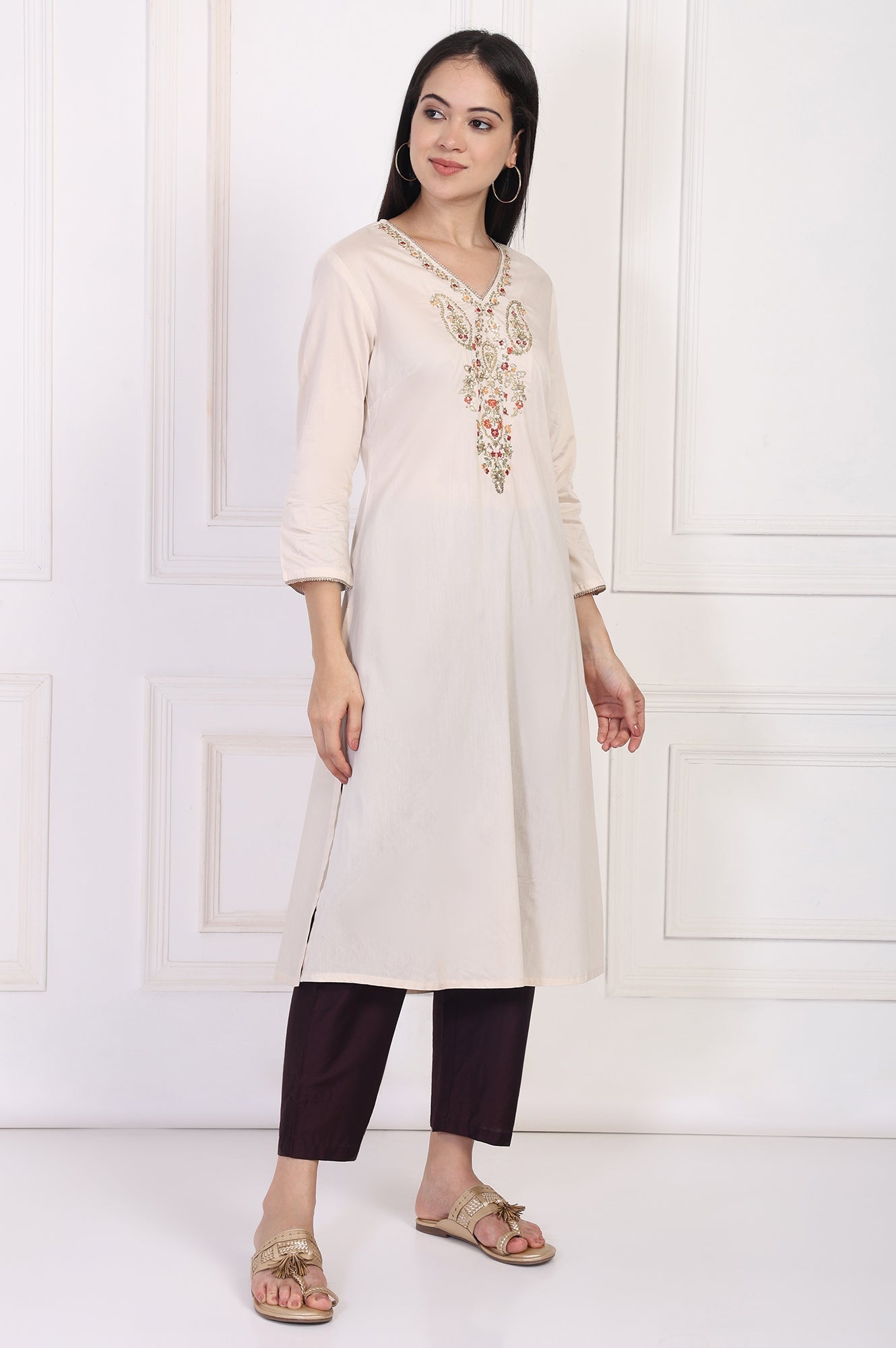 W for Woman Cream Embroidered A-Line Rayon Kurta
