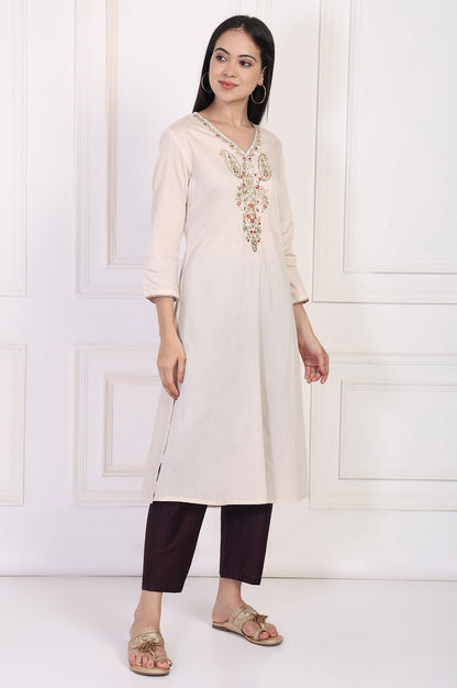 W for Woman Cream Embroidered A-Line Rayon Kurta