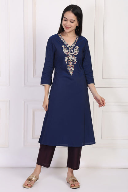 W for Woman Navy Blue Embroidered A-Line Rayon Kurta