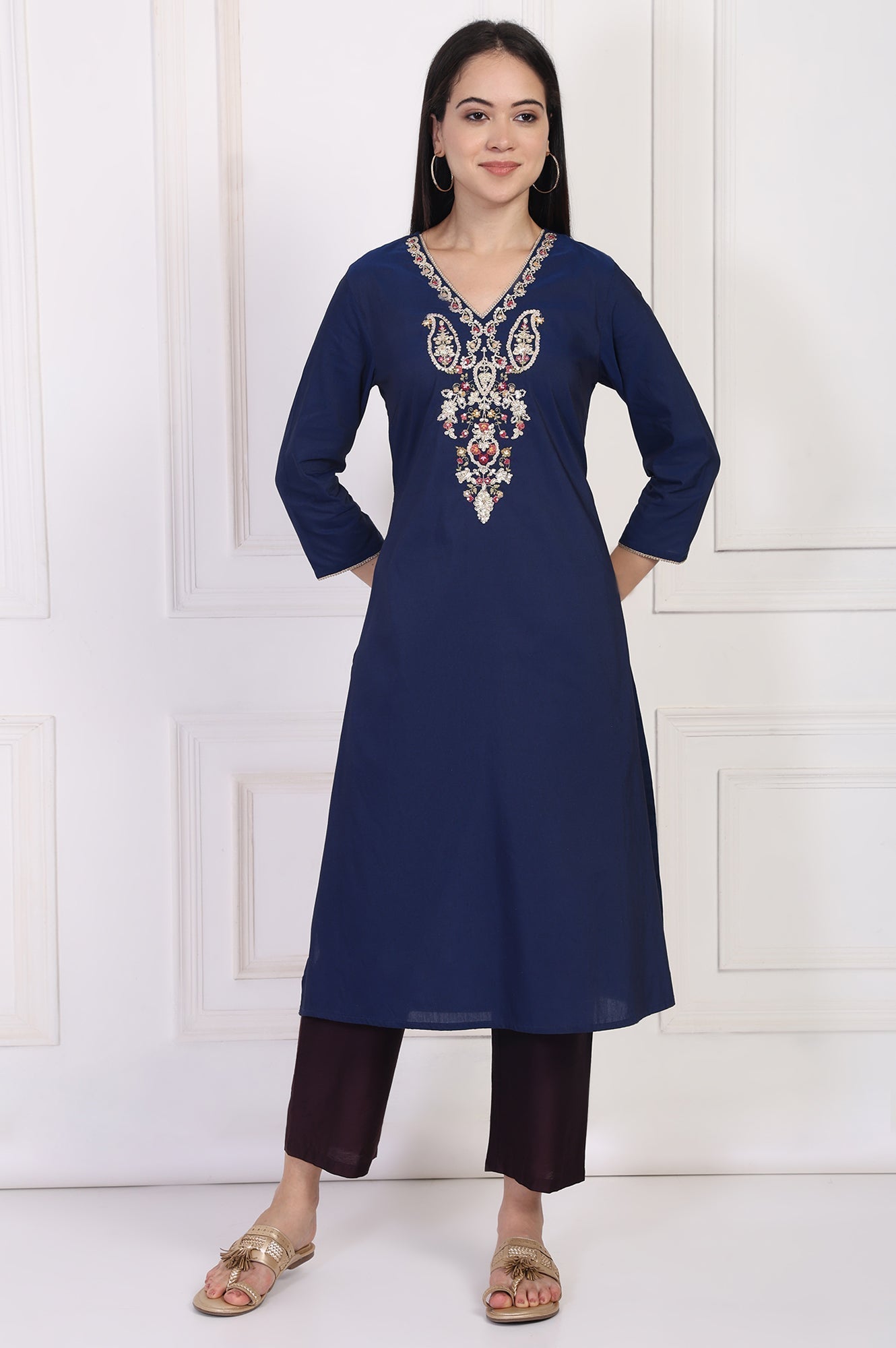 W for Woman Navy Blue Embroidered A-Line Rayon Kurta