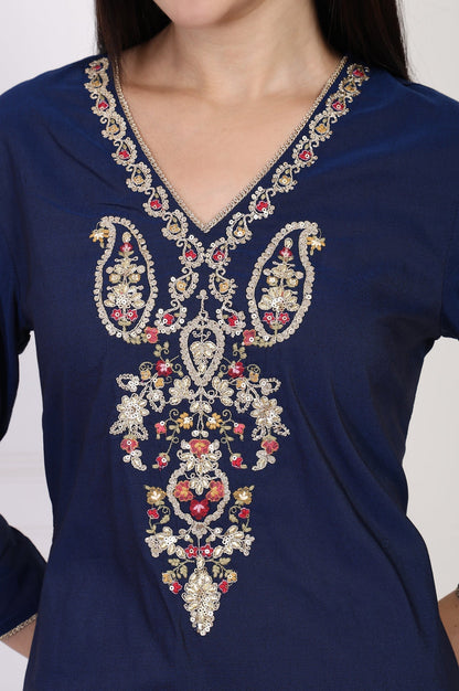 W for Woman Navy Blue Embroidered A-Line Rayon Kurta