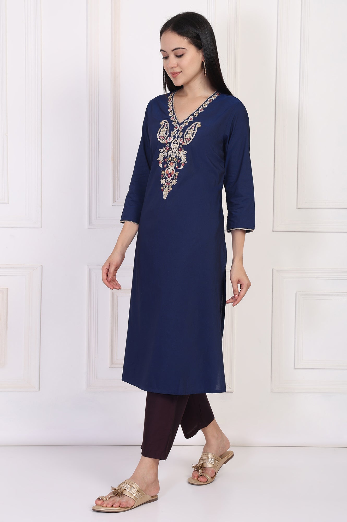 W for Woman Navy Blue Embroidered A-Line Rayon Kurta