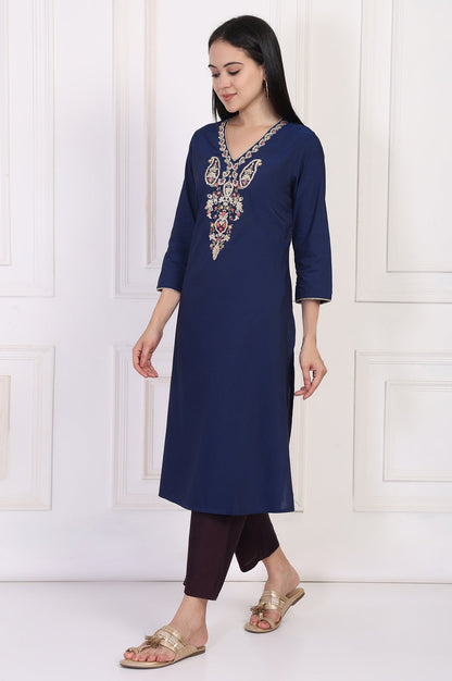 W for Woman Navy Blue Embroidered A-Line Rayon Kurta