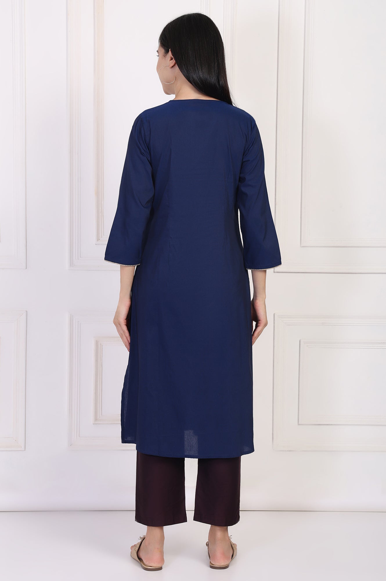 W for Woman Navy Blue Embroidered A-Line Rayon Kurta