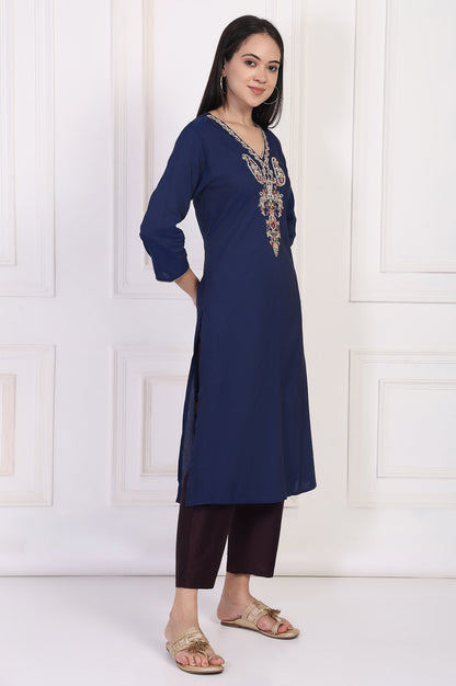 W for Woman Navy Blue Embroidered A-Line Rayon Kurta