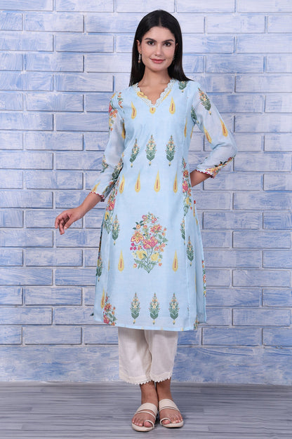 W for Woman Blue Floral Printed Chanderi A-Line Kurta