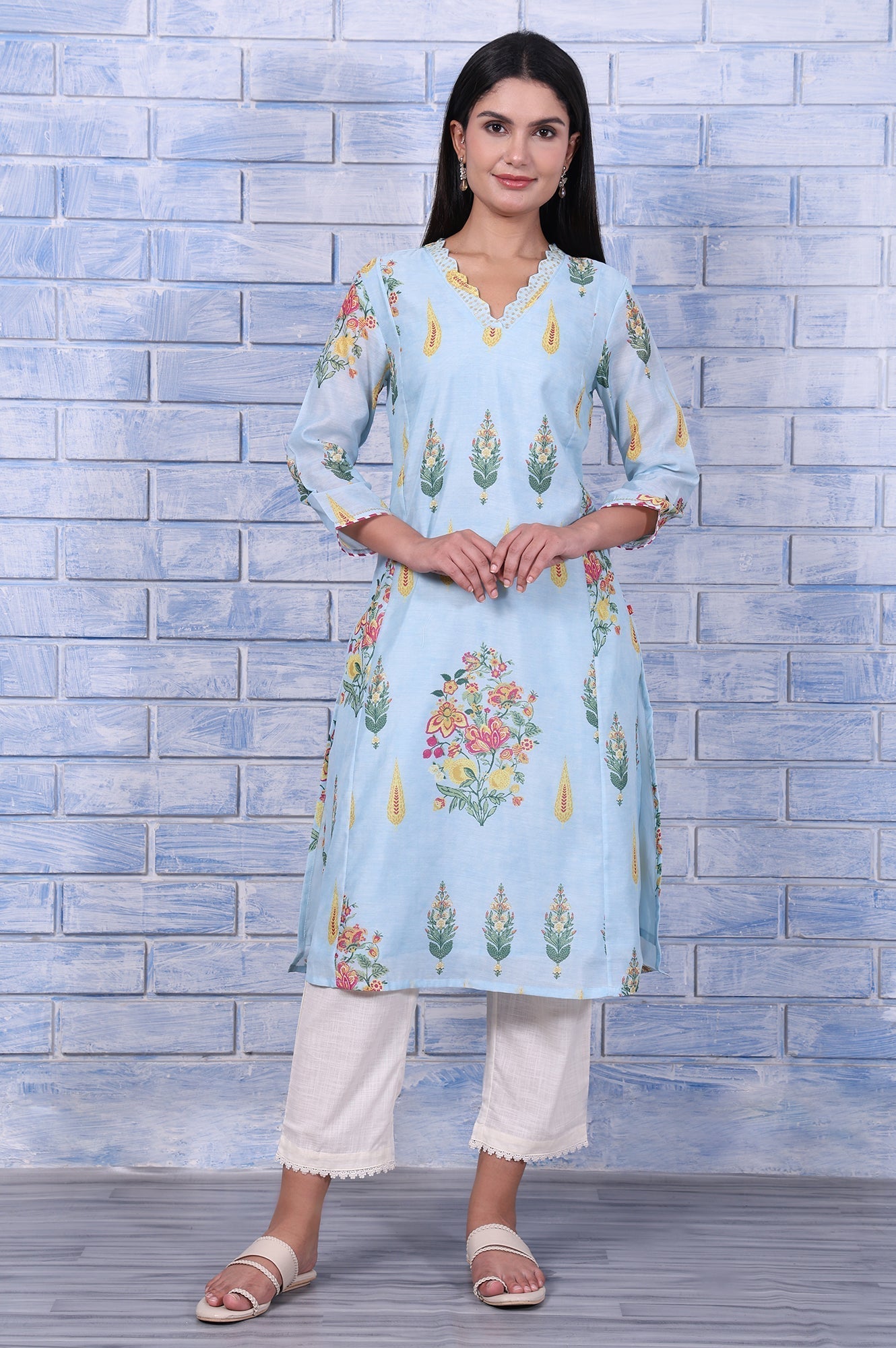 W for Woman Blue Floral Printed Chanderi A-Line Kurta