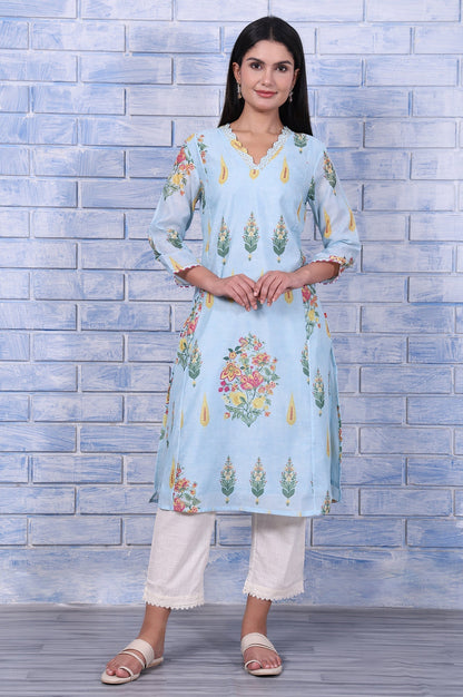 W for Woman Blue Floral Printed Chanderi A-Line Kurta