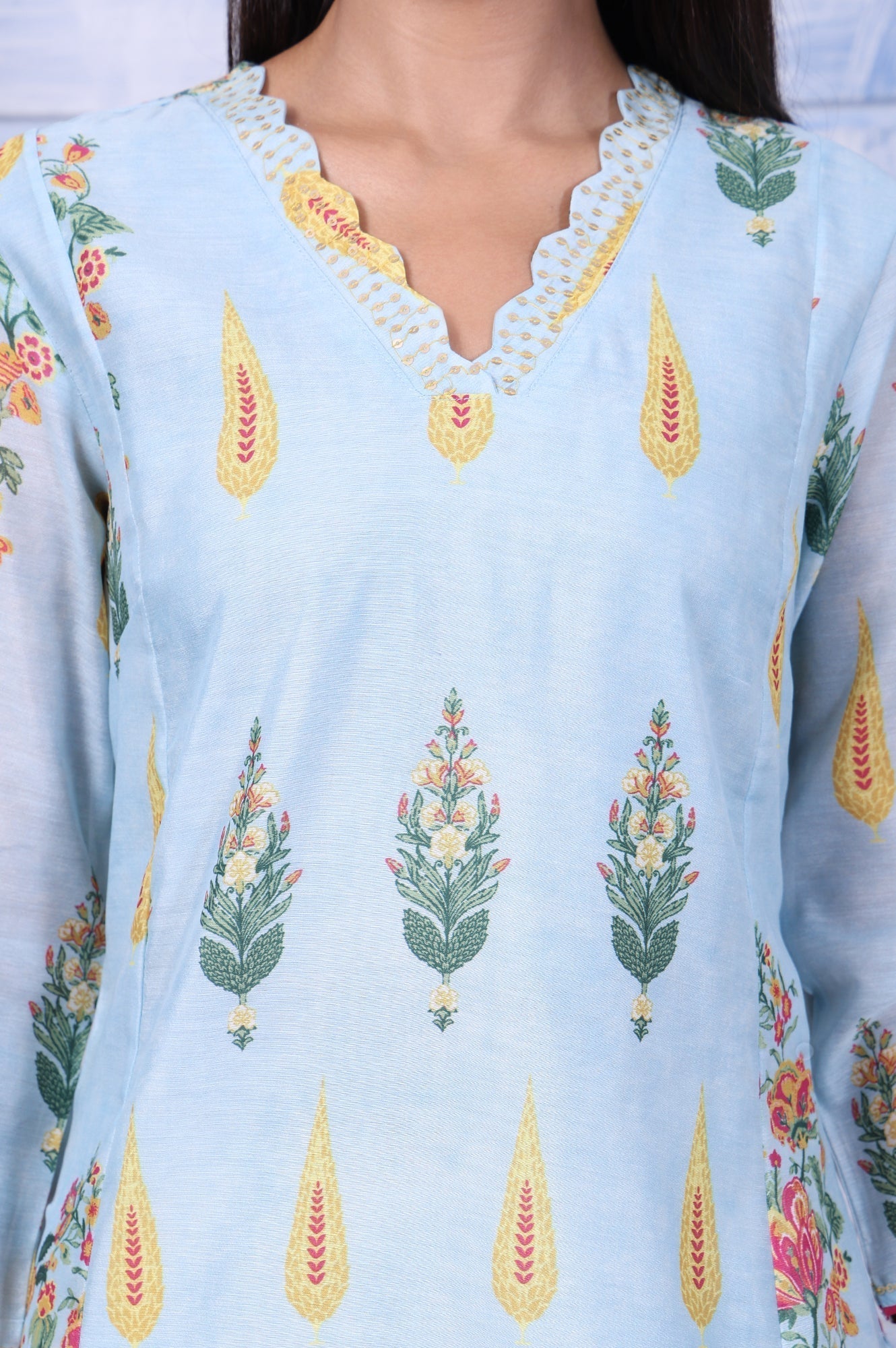 W for Woman Blue Floral Printed Chanderi A-Line Kurta