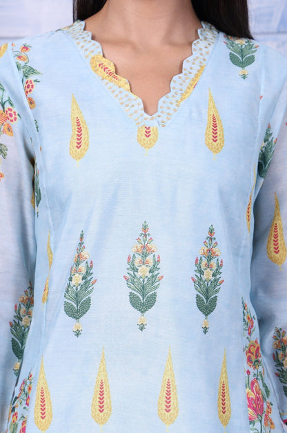 W for Woman Blue Floral Printed Chanderi A-Line Kurta