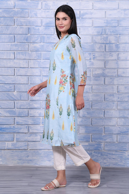 W for Woman Blue Floral Printed Chanderi A-Line Kurta
