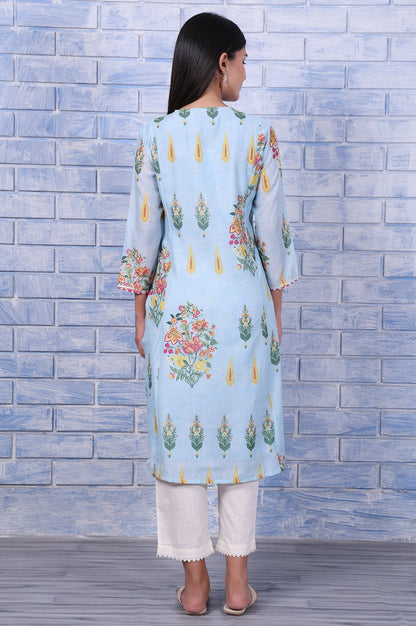 W for Woman Blue Floral Printed Chanderi A-Line Kurta