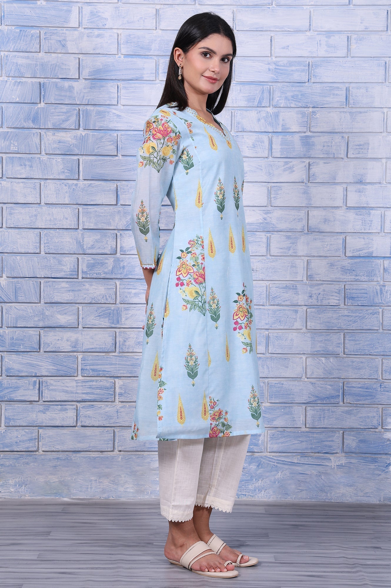 W for Woman Blue Floral Printed Chanderi A-Line Kurta
