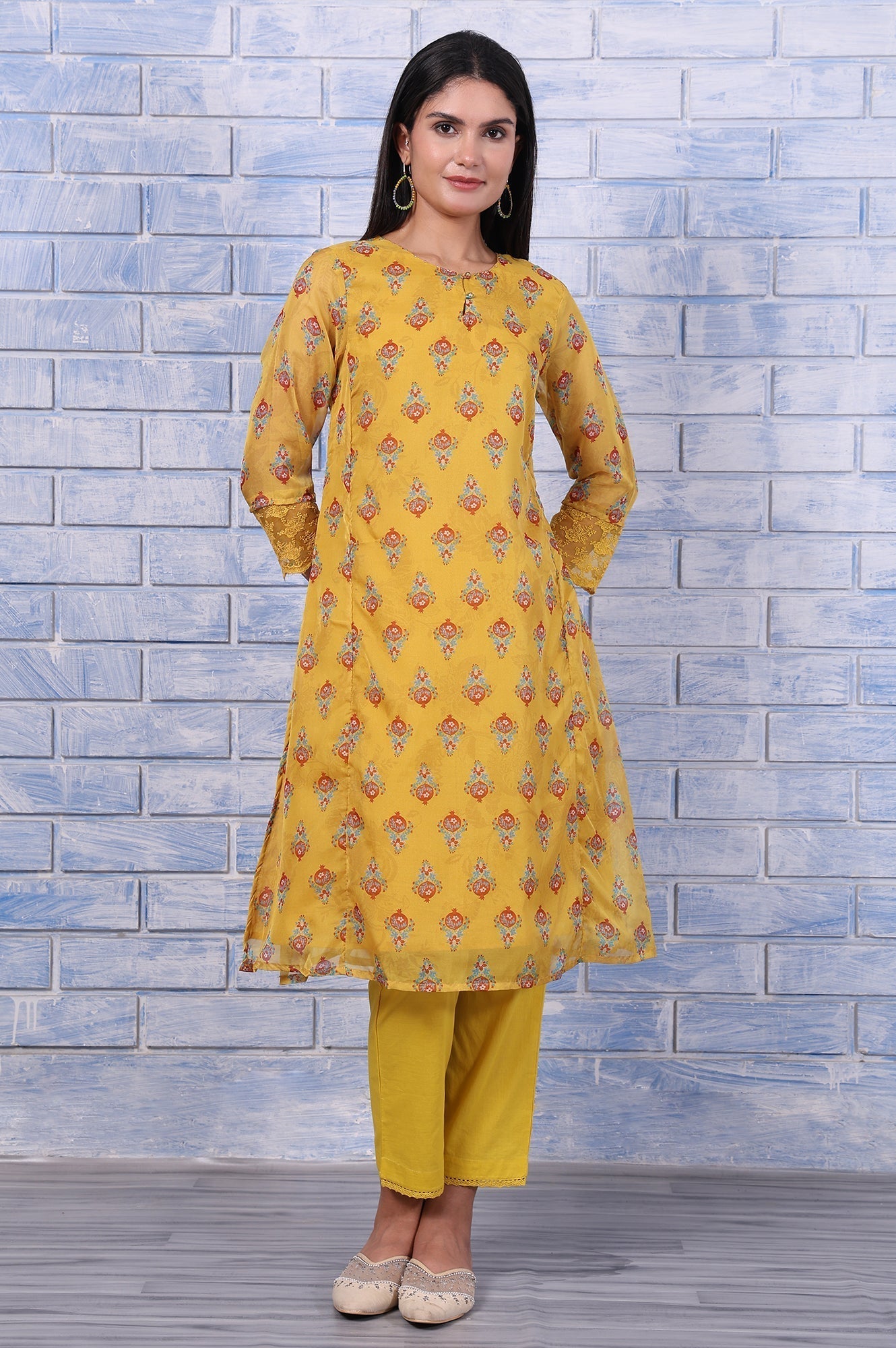 W for Woman Yellow Floral Printed Organza Straight Kurta
