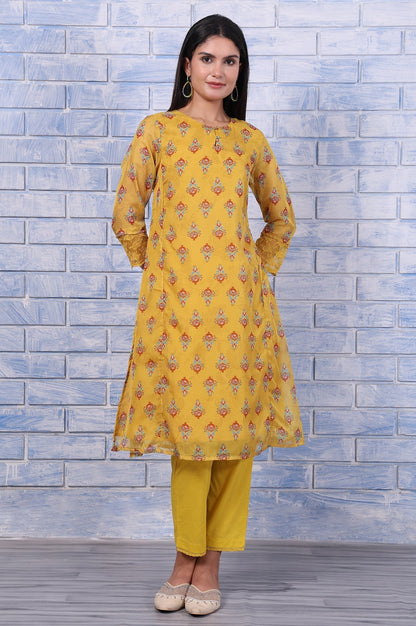 W for Woman Yellow Floral Printed Organza Straight Kurta