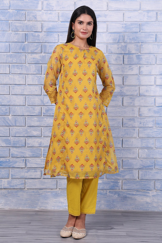 W for Woman Yellow Floral Printed Organza Straight Kurta