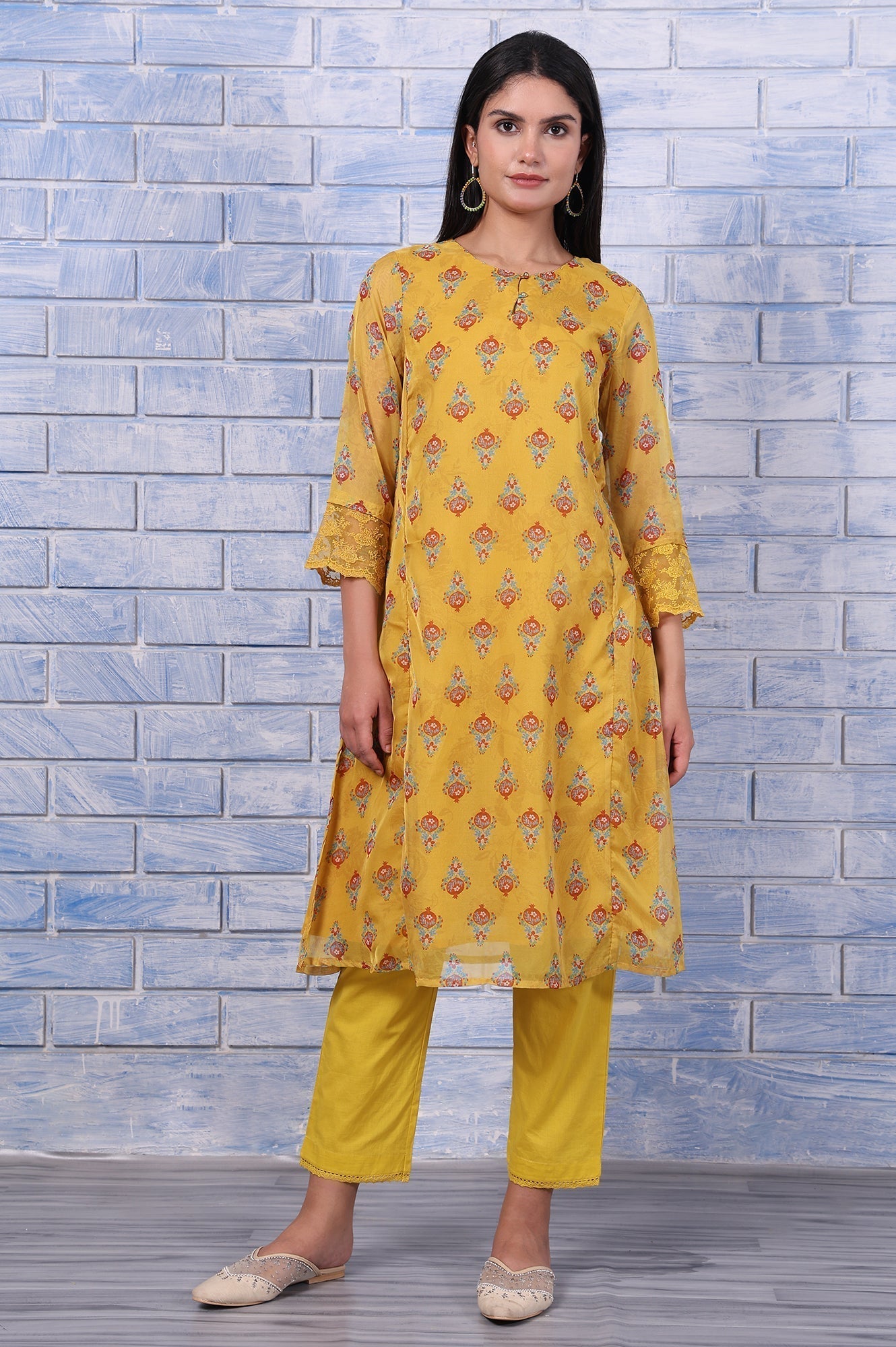 W for Woman Yellow Floral Printed Organza Straight Kurta