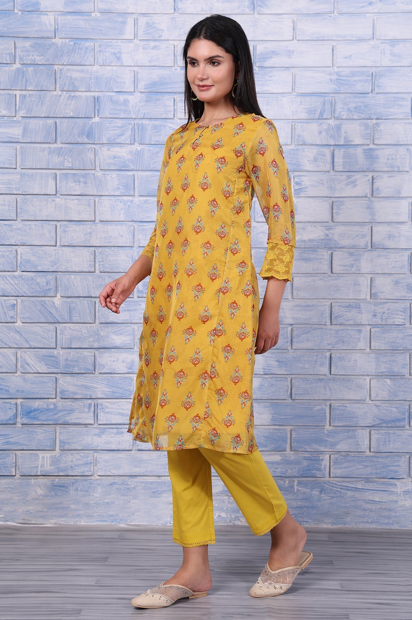 W for Woman Yellow Floral Printed Organza Straight Kurta