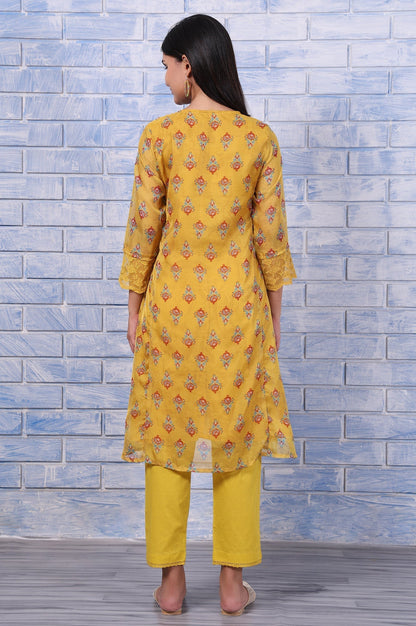 W for Woman Yellow Floral Printed Organza Straight Kurta