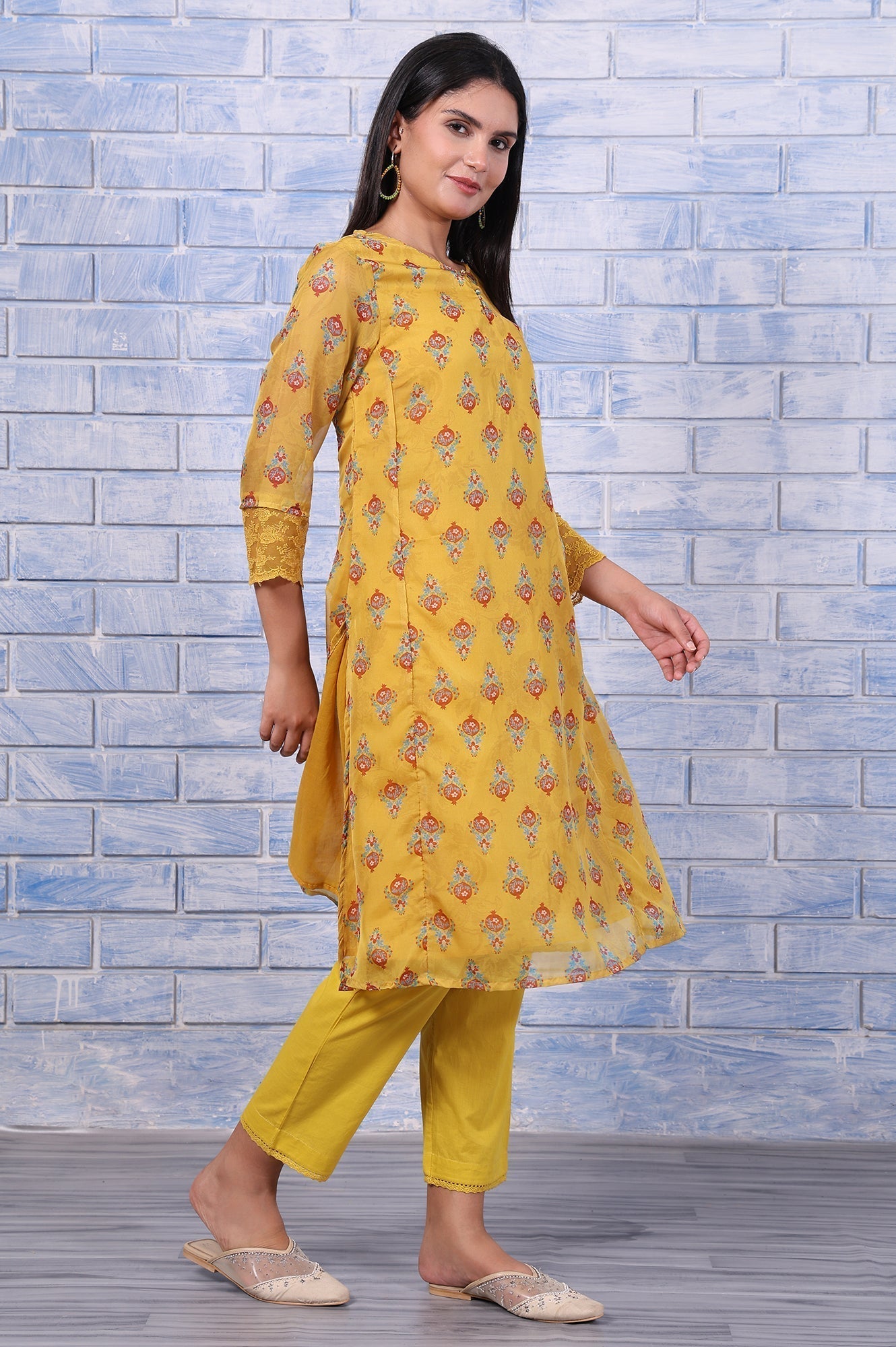 W for Woman Yellow Floral Printed Organza Straight Kurta