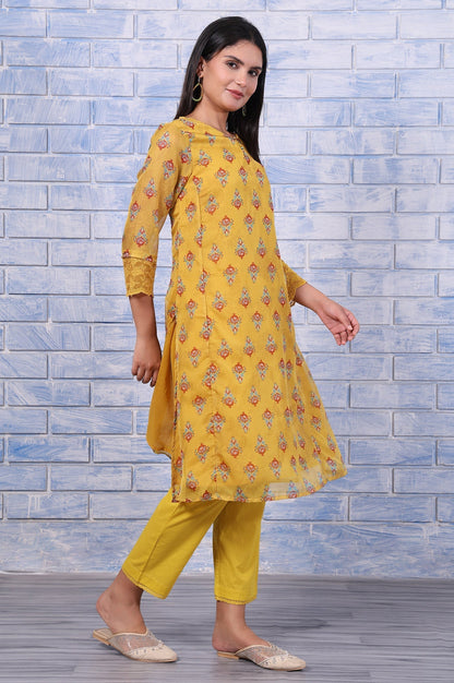 W for Woman Yellow Floral Printed Organza Straight Kurta