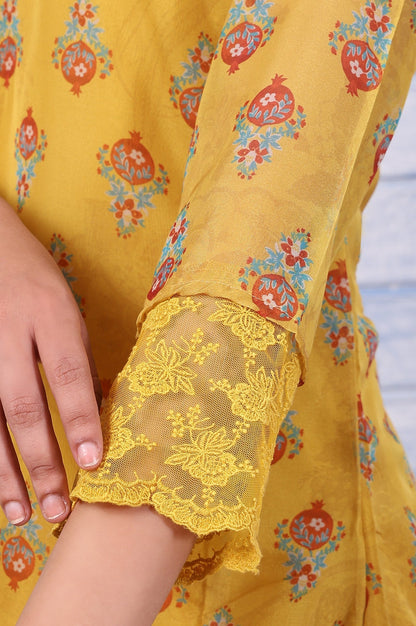 W for Woman Yellow Floral Printed Organza Straight Kurta